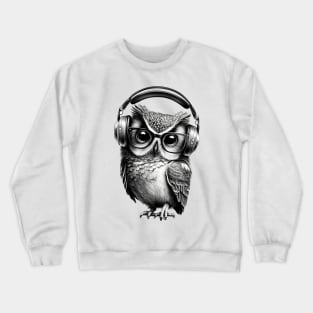 Owl Drawing in Black and White Wearing Headphones Crewneck Sweatshirt